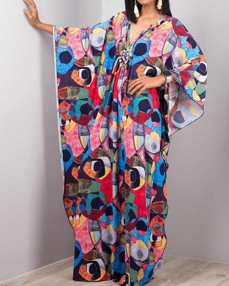 Bsubseach Women Ethnic Print Kaftan Beach Dress Plus Size Swimsuit Cover Up - Image 3
